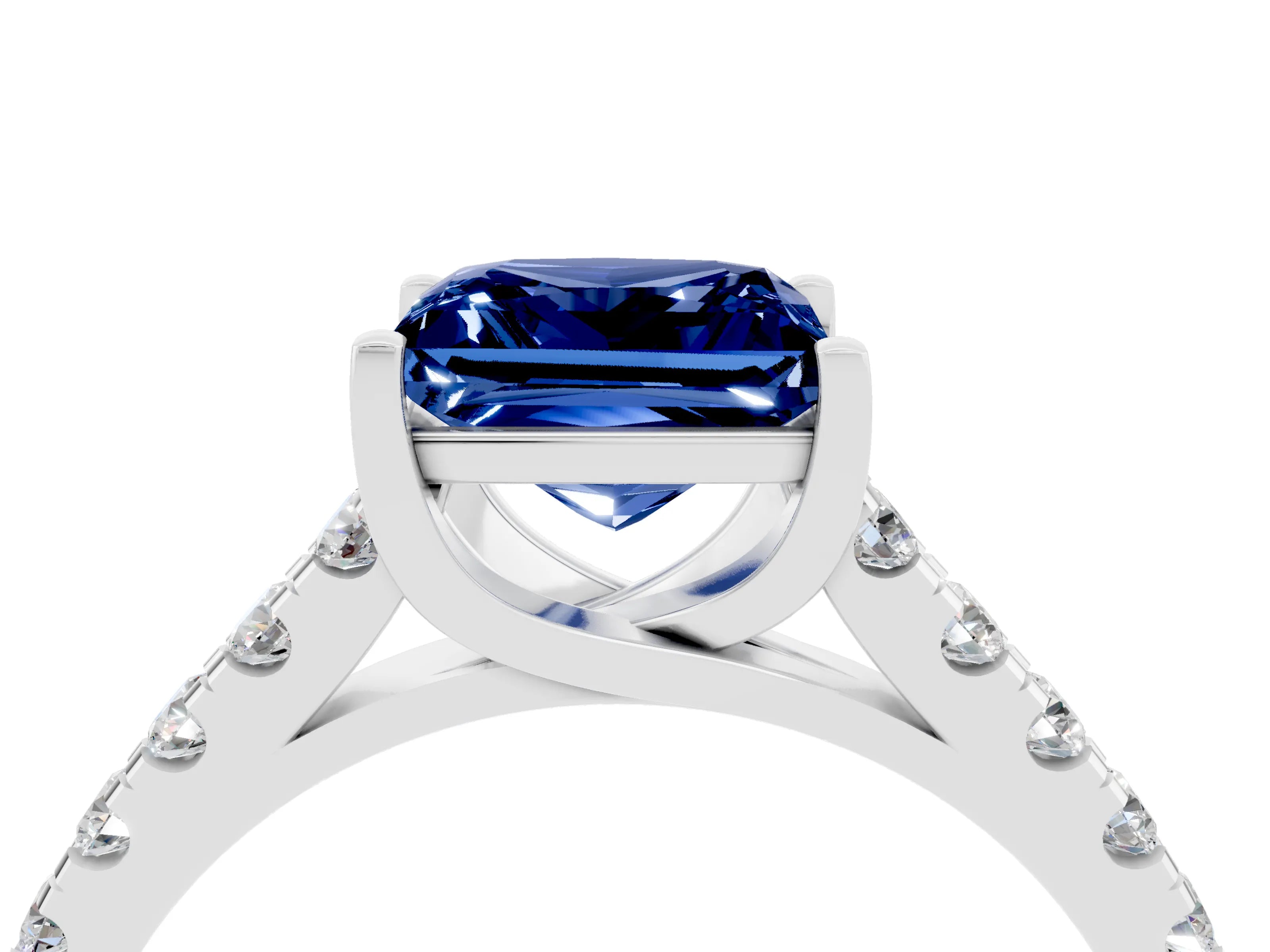 White gold {shape_name} Blue Sapphire Solitaire Ring with Pavé Band and Four-Prong Setting_4