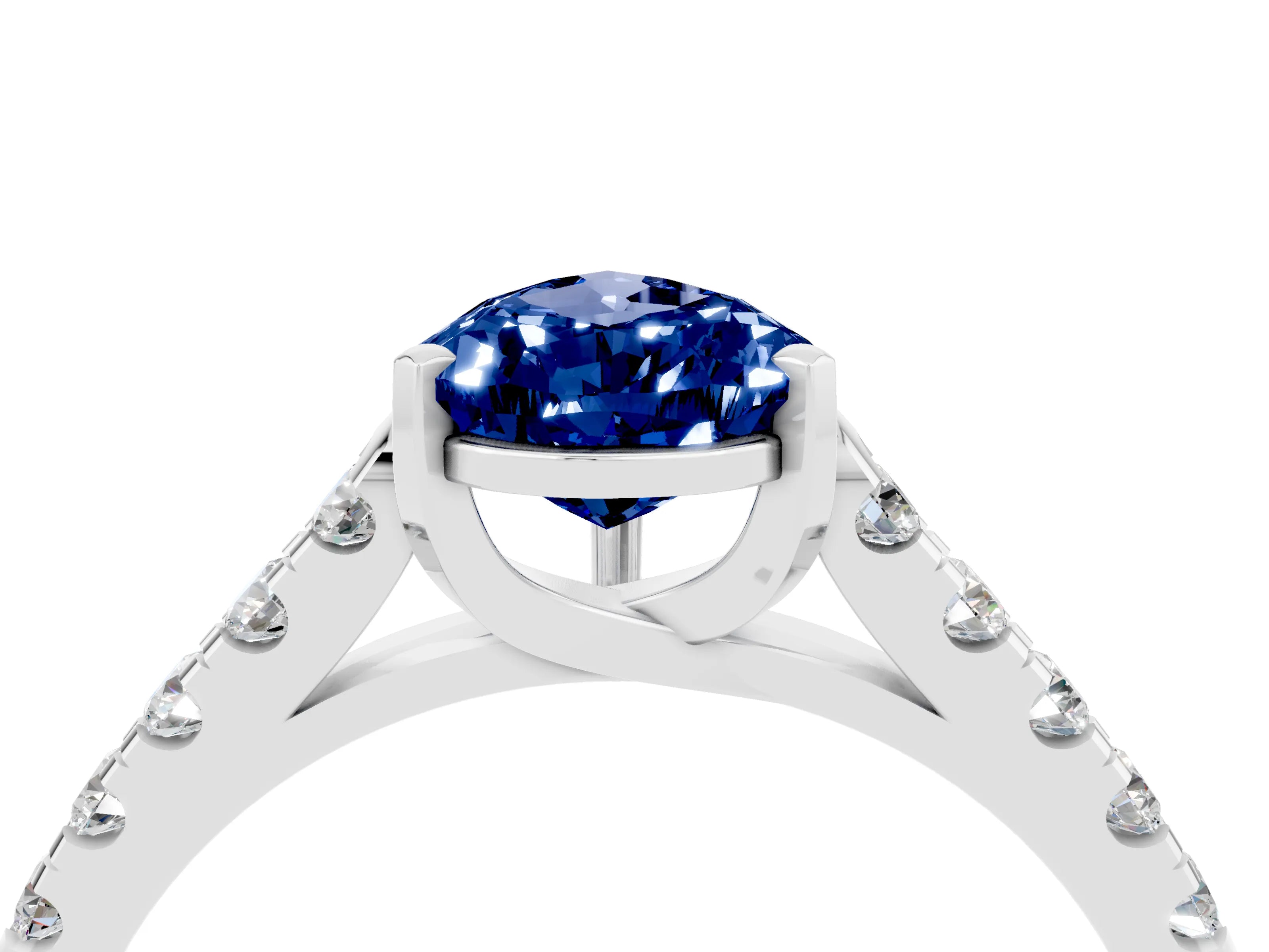 White gold {shape_name} Blue Sapphire Solitaire Ring with Pavé Band and Four-Prong Setting_4
