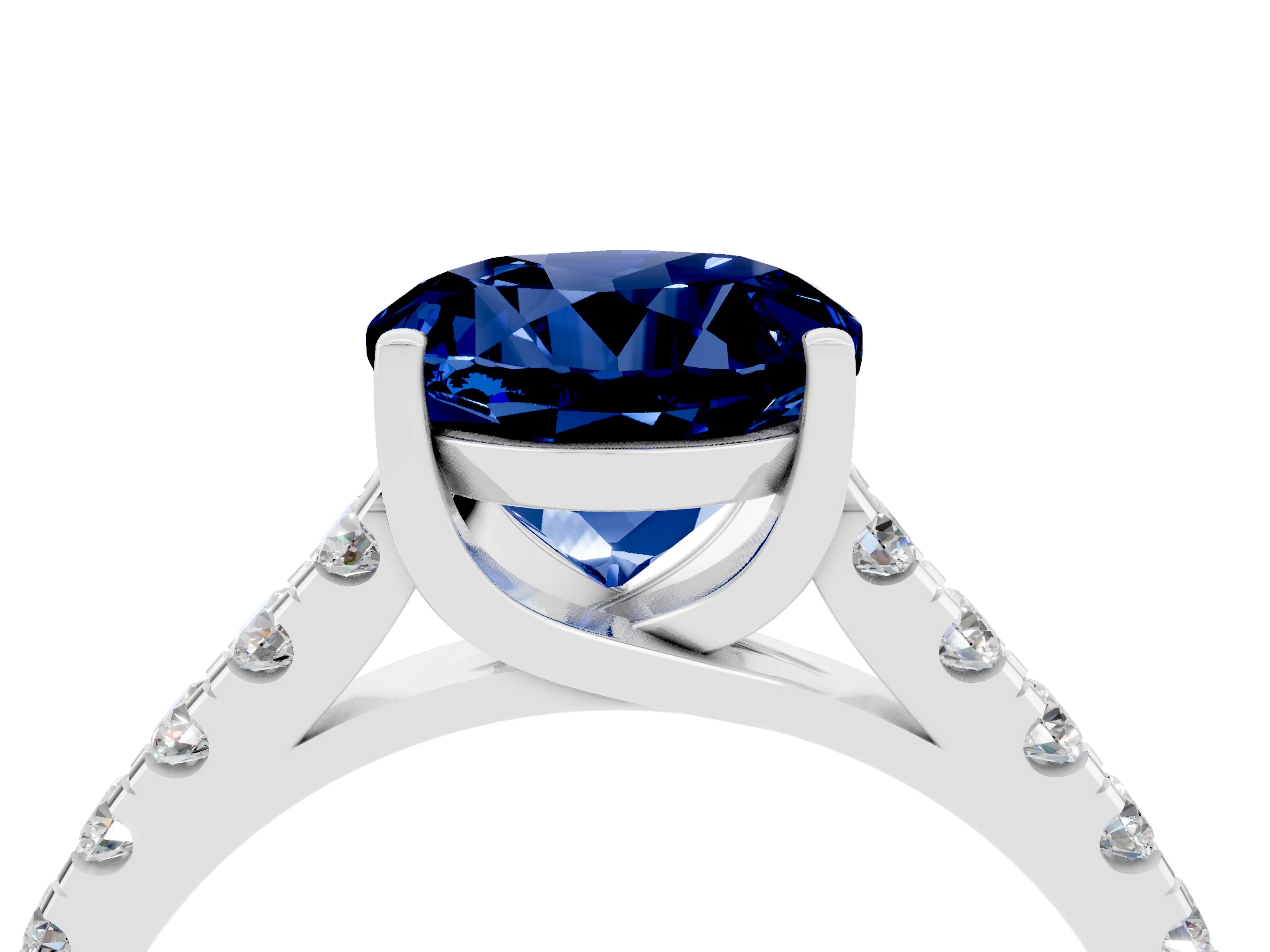 White gold {shape_name} Blue Sapphire Solitaire Ring with Pavé Band and Four-Prong Setting_4