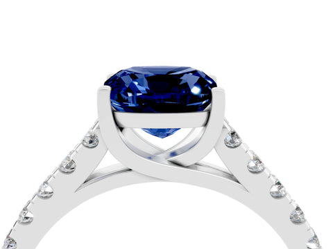 White gold {shape_name} Blue Sapphire Solitaire Ring with Pavé Band and Four-Prong Setting_4
