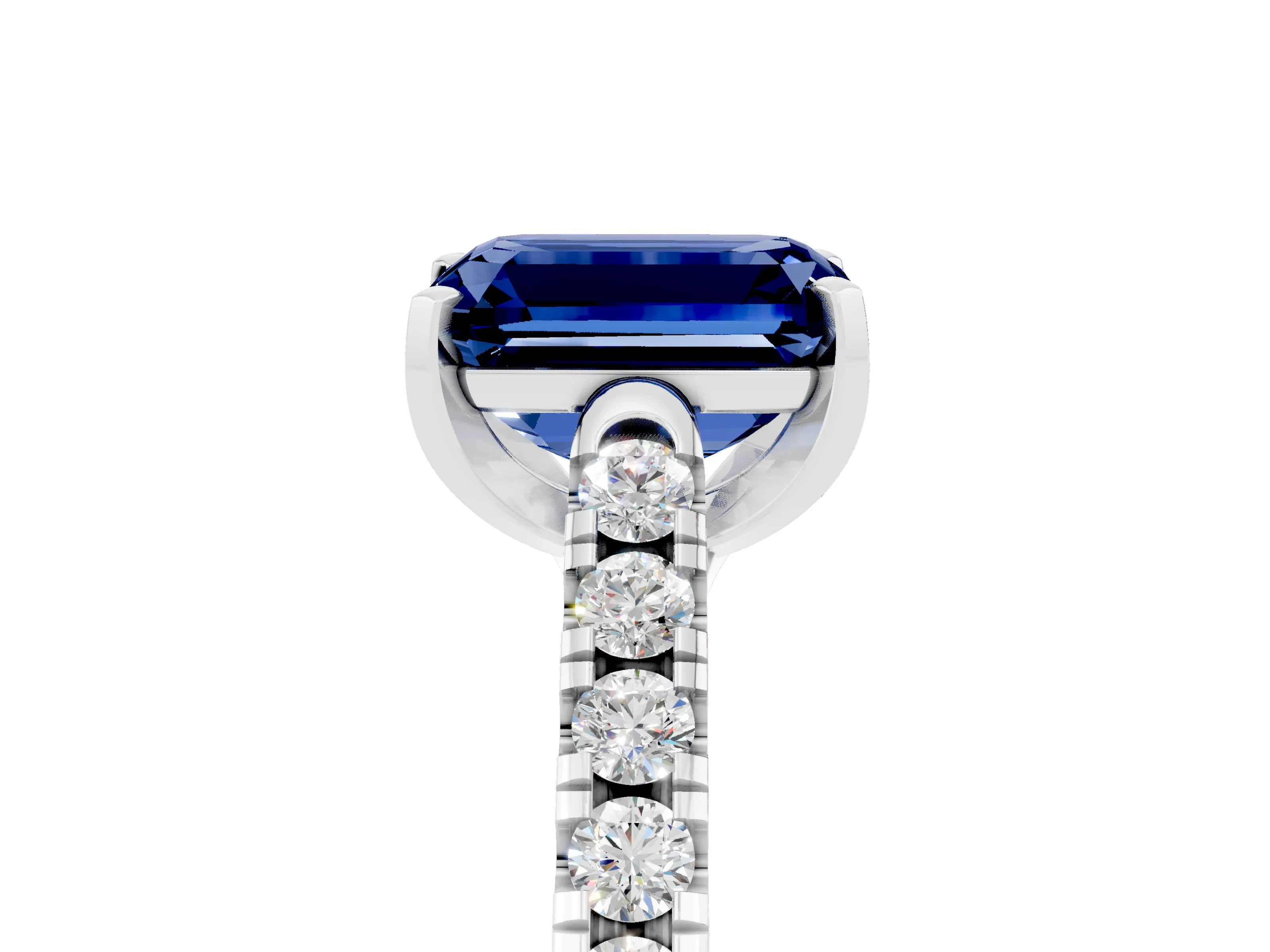 White gold {shape_name} Blue Sapphire Solitaire Ring with Pavé Band and Four-Prong Setting_5