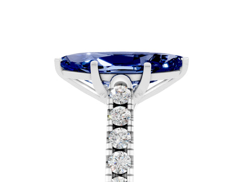 White gold {shape_name} Blue Sapphire Solitaire Ring with Pavé Band and Four-Prong Setting_5