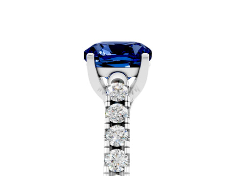 White gold {shape_name} Blue Sapphire Solitaire Ring with Pavé Band and Four-Prong Setting_5