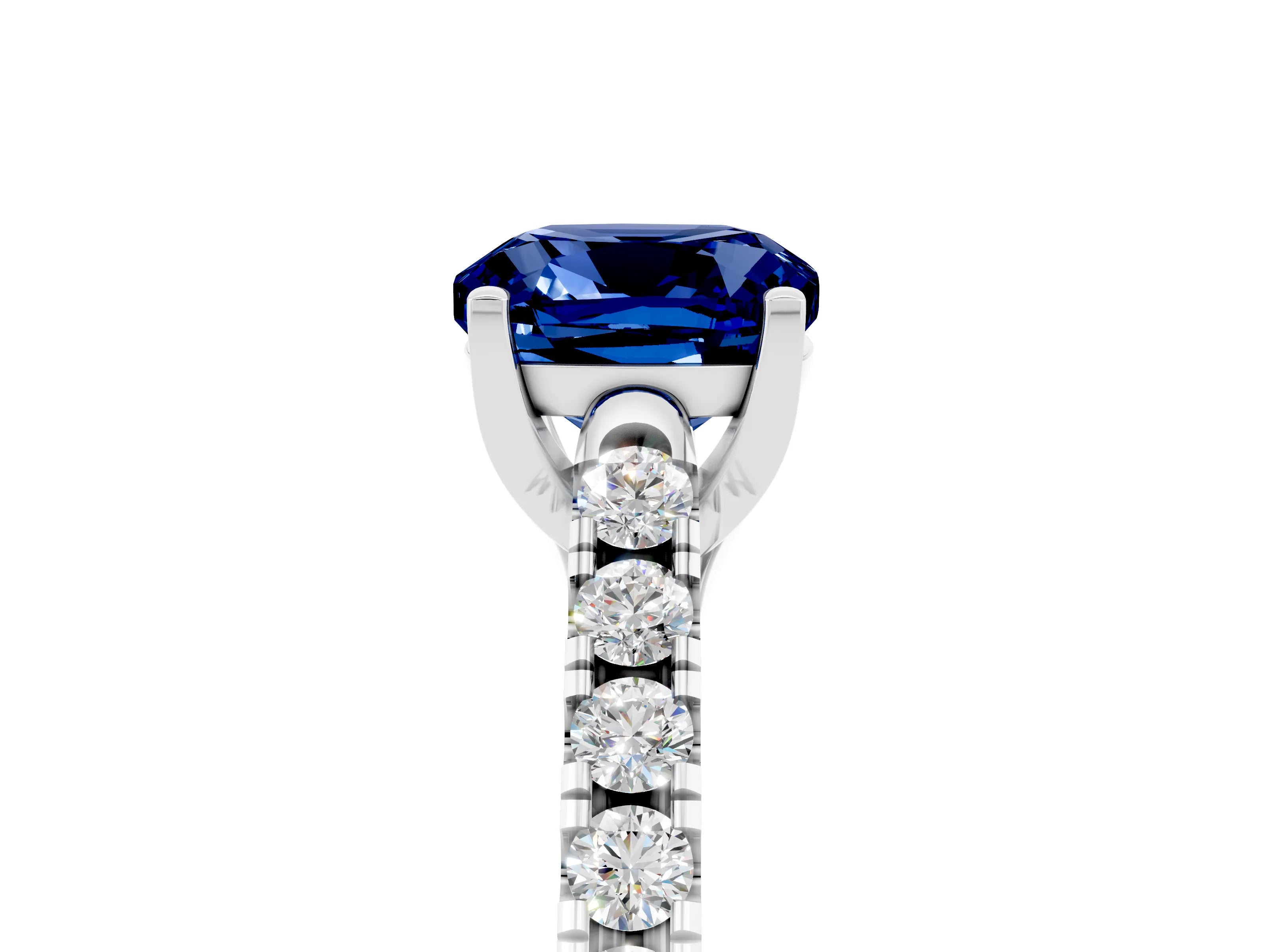 White gold {shape_name} Blue Sapphire Solitaire Ring with Pavé Band and Four-Prong Setting_5