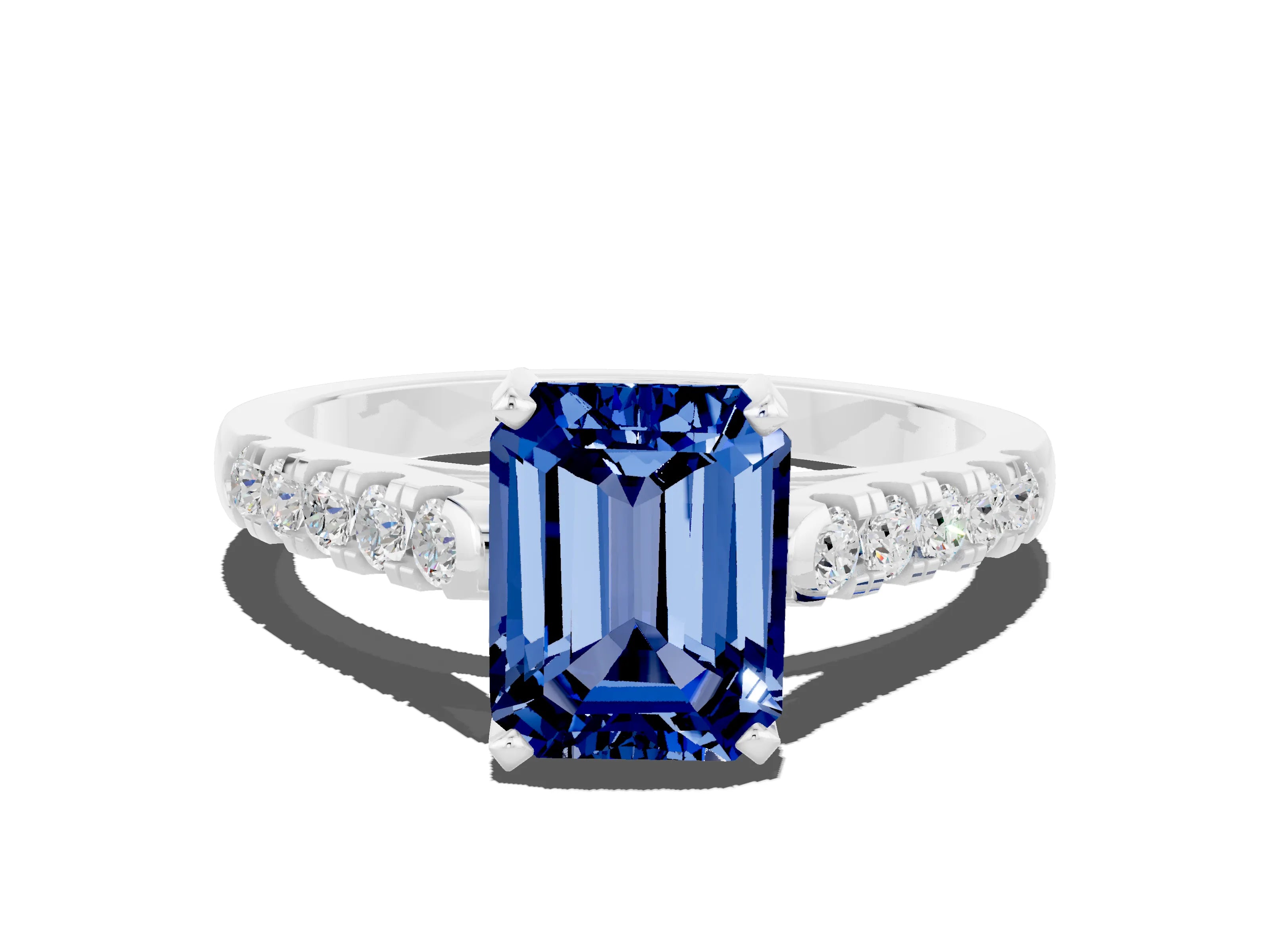 White gold {shape_name} Blue Sapphire Solitaire Ring with Pavé Band and Four-Prong Setting