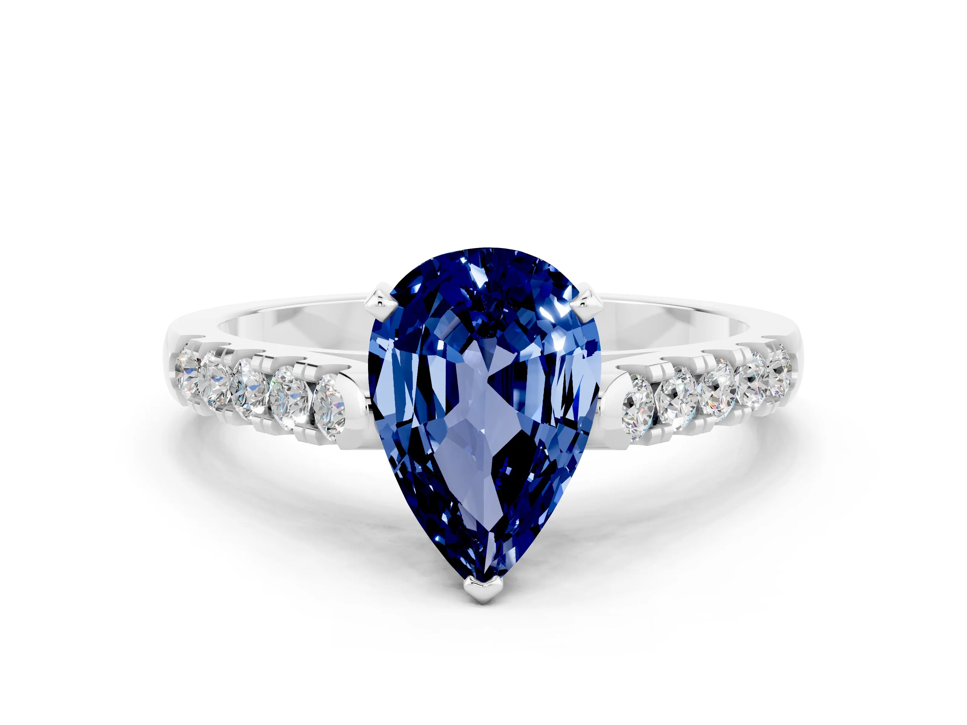 White gold {shape_name} Blue Sapphire Solitaire Ring with Pavé Band and Four-Prong Setting