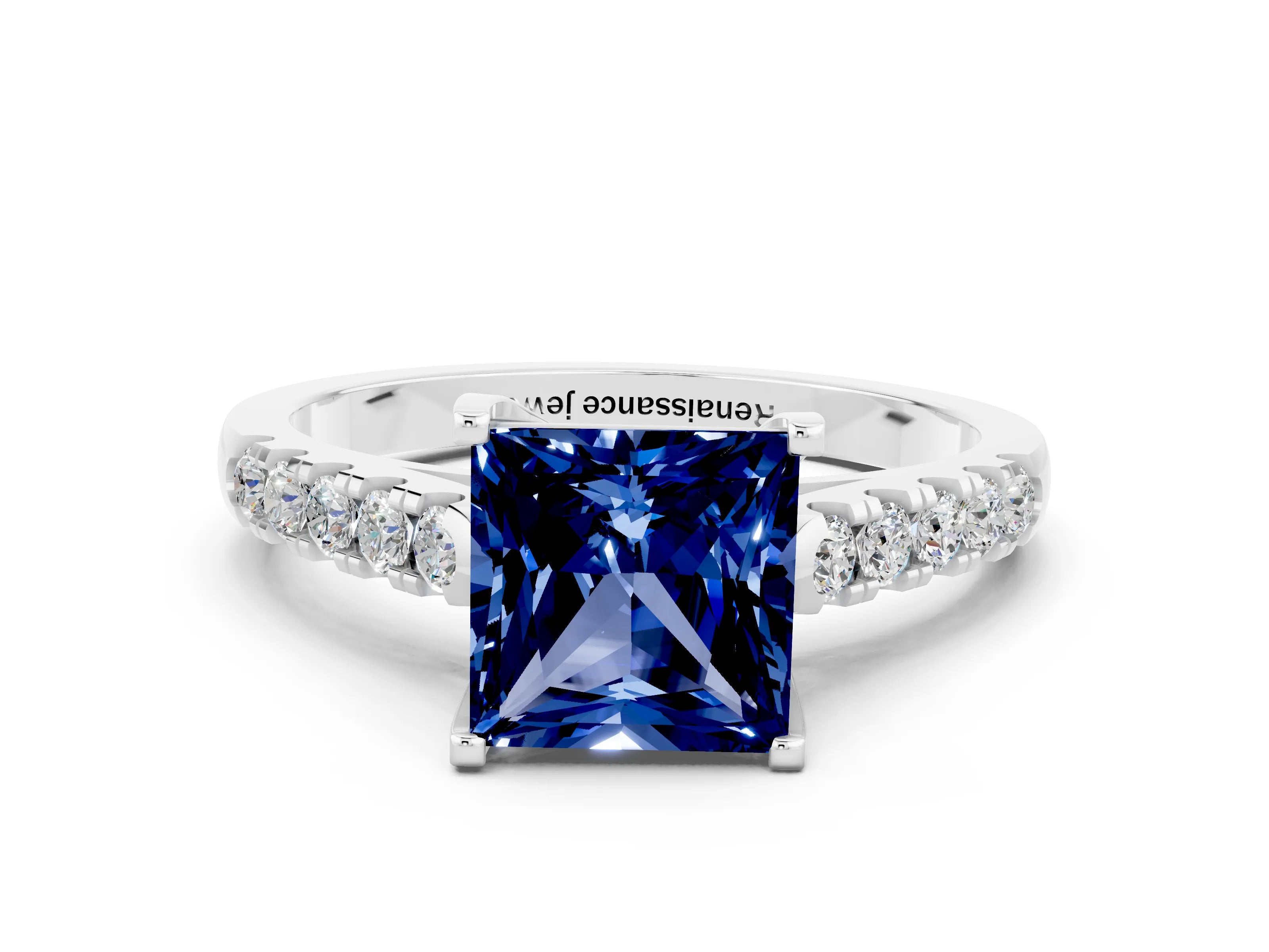 White gold {shape_name} Blue Sapphire Solitaire Ring with Pavé Band and Four-Prong Setting