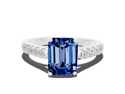 White gold {shape_name} Blue Sapphire Solitaire Ring with Pavé Band and Four-Prong Setting