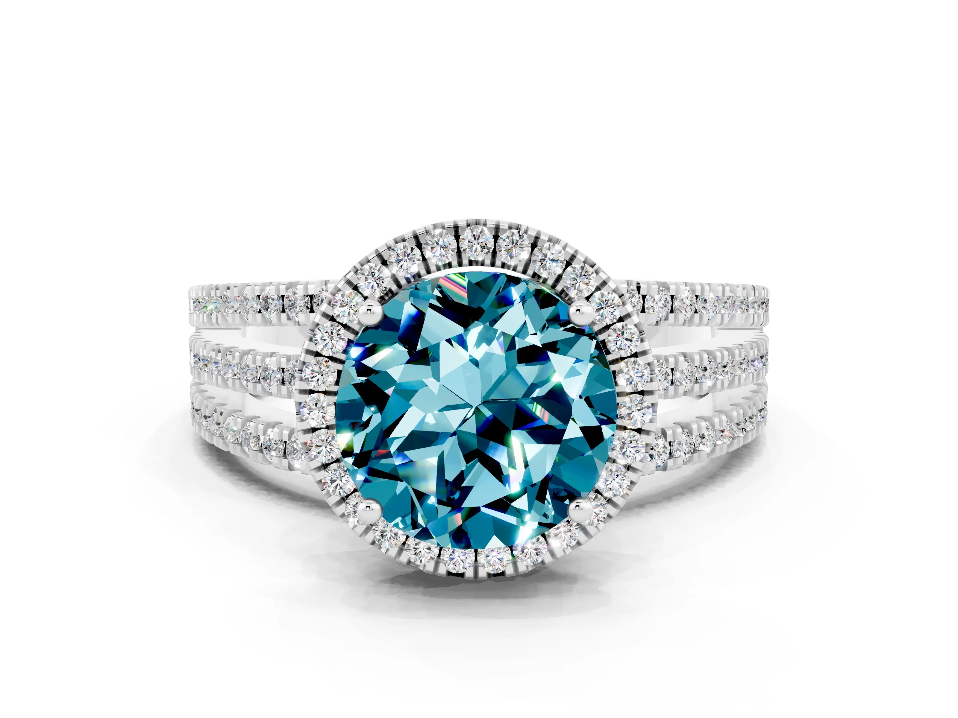 White gold {shape_name} Blue Topaz Halo Engagement Ring with Split Shank and Four-Prong Setting