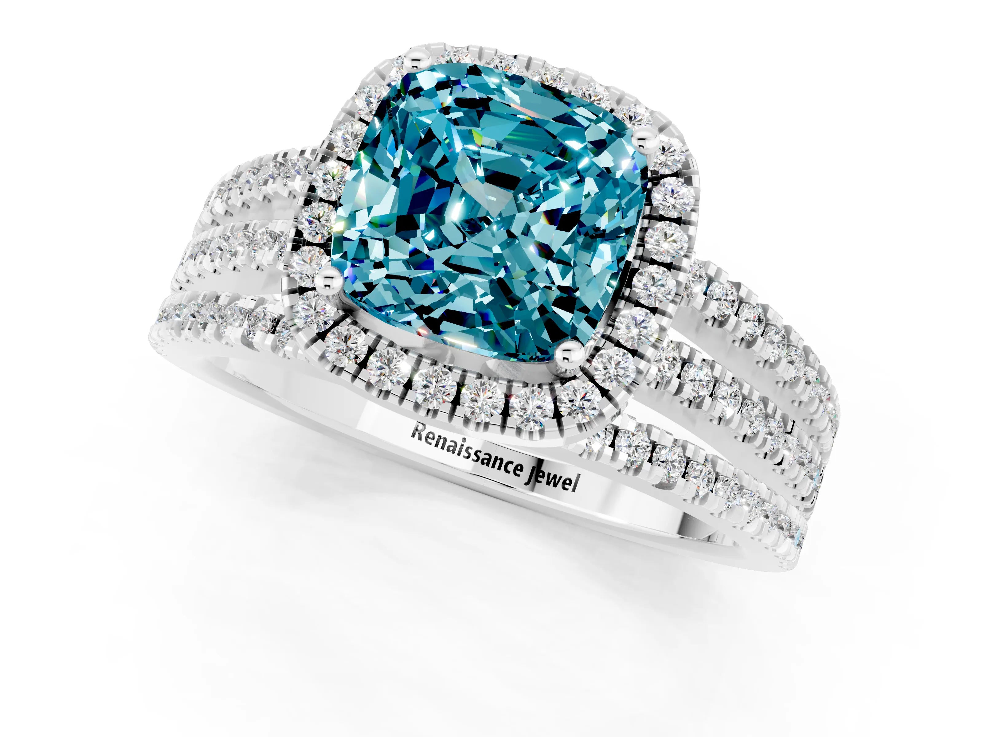 White gold {shape_name} Blue Topaz Halo Engagement Ring with Split Shank and Four-Prong Setting_13