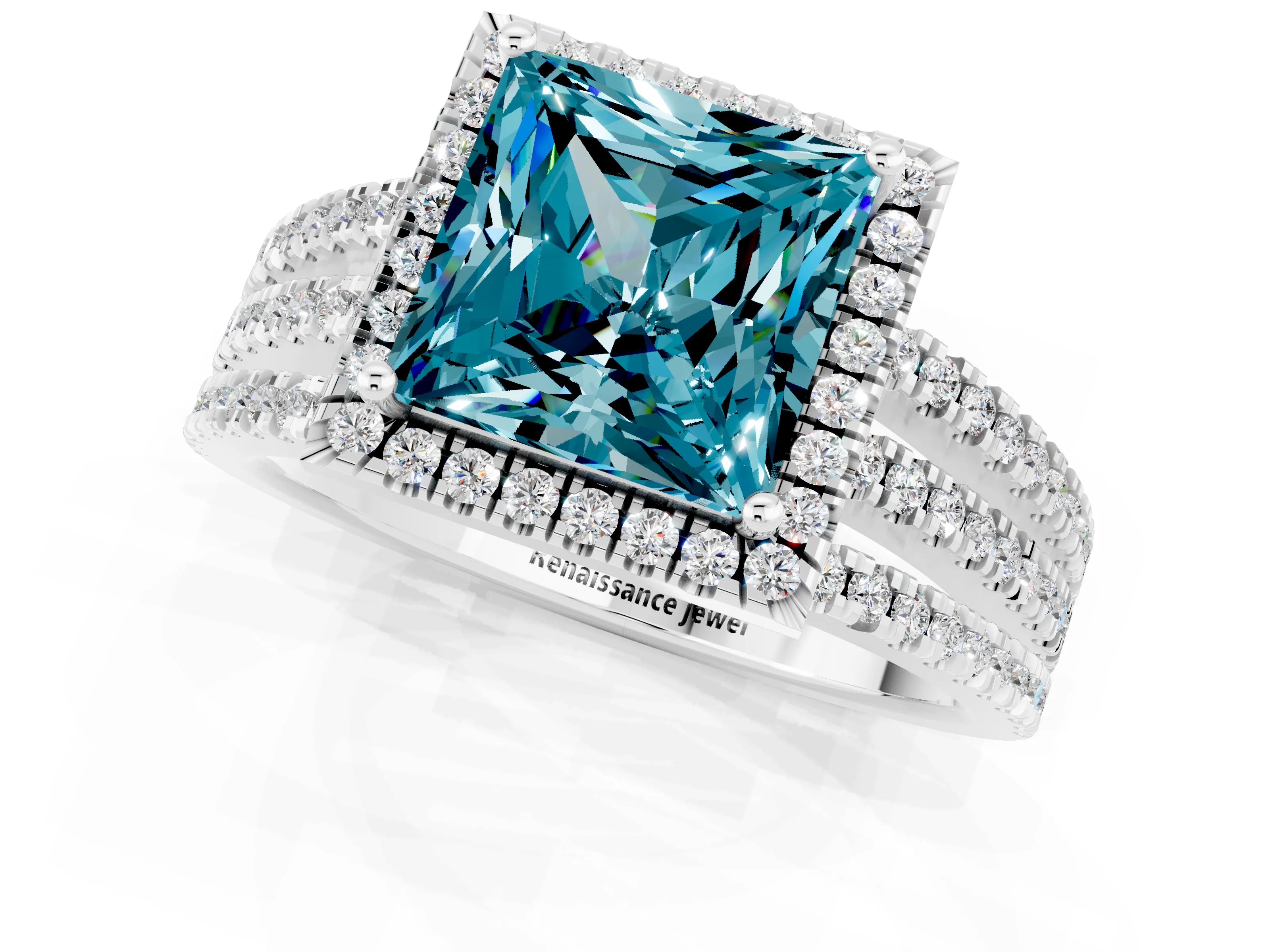 White gold {shape_name} Blue Topaz Halo Engagement Ring with Split Shank and Four-Prong Setting_13