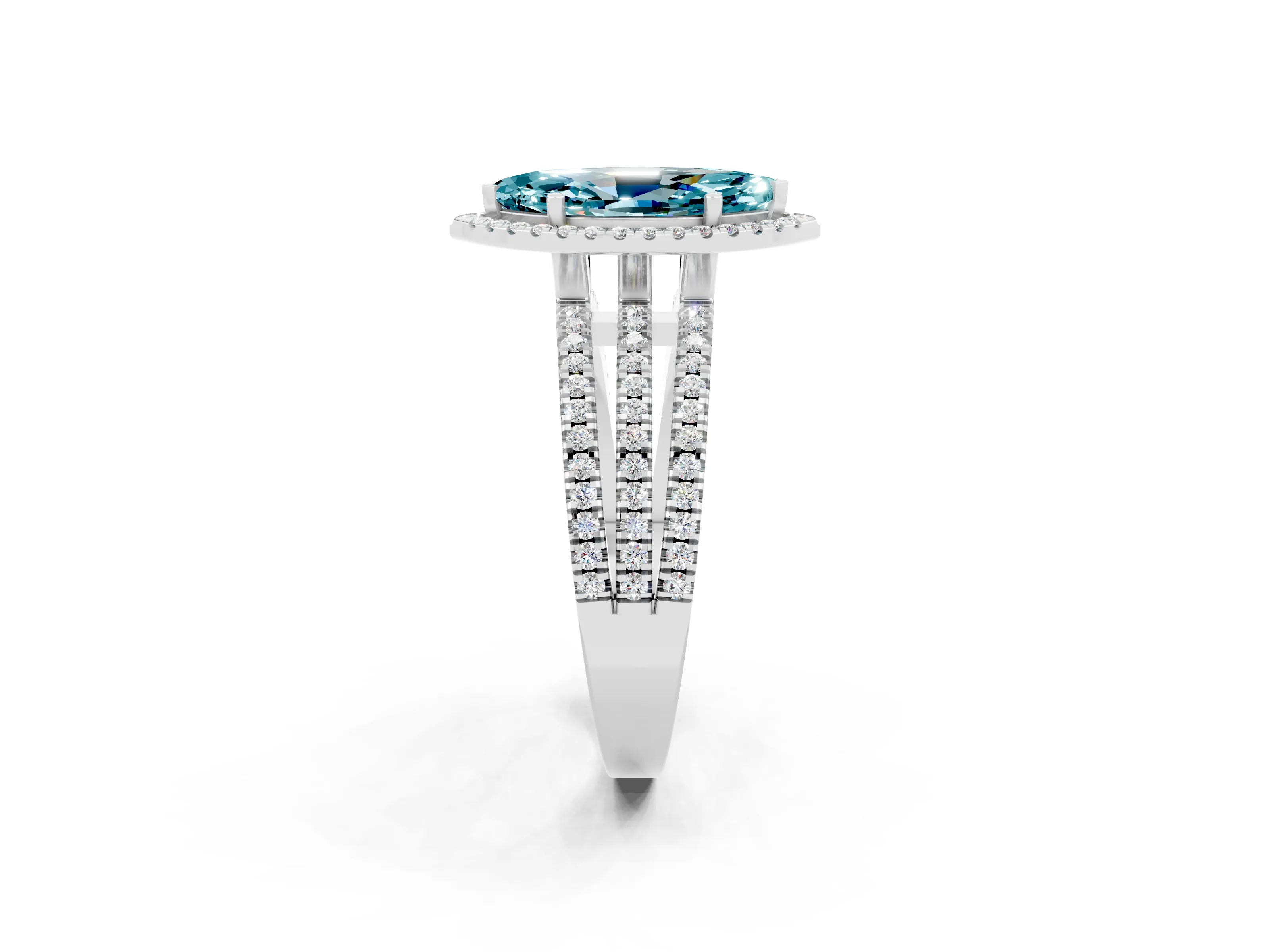 White gold {shape_name} Blue Topaz Halo Engagement Ring with Split Shank and Four-Prong Setting_14