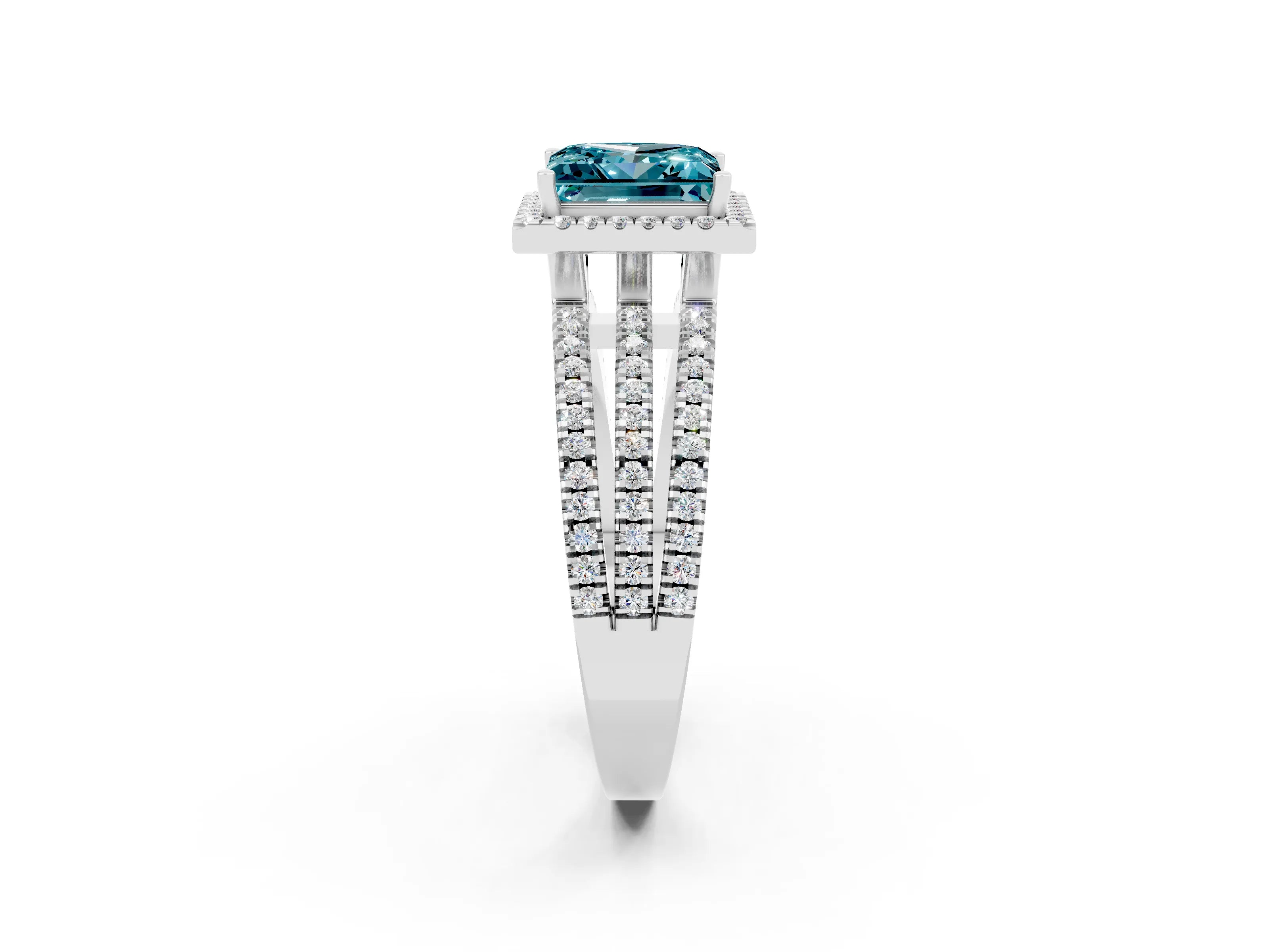 White gold {shape_name} Blue Topaz Halo Engagement Ring with Split Shank and Four-Prong Setting_14
