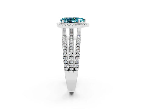 White gold {shape_name} Blue Topaz Halo Engagement Ring with Split Shank and Four-Prong Setting_14