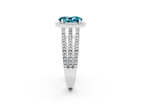 White gold {shape_name} Blue Topaz Halo Engagement Ring with Split Shank and Four-Prong Setting_14