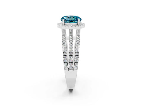 White gold {shape_name} Blue Topaz Halo Engagement Ring with Split Shank and Four-Prong Setting_14