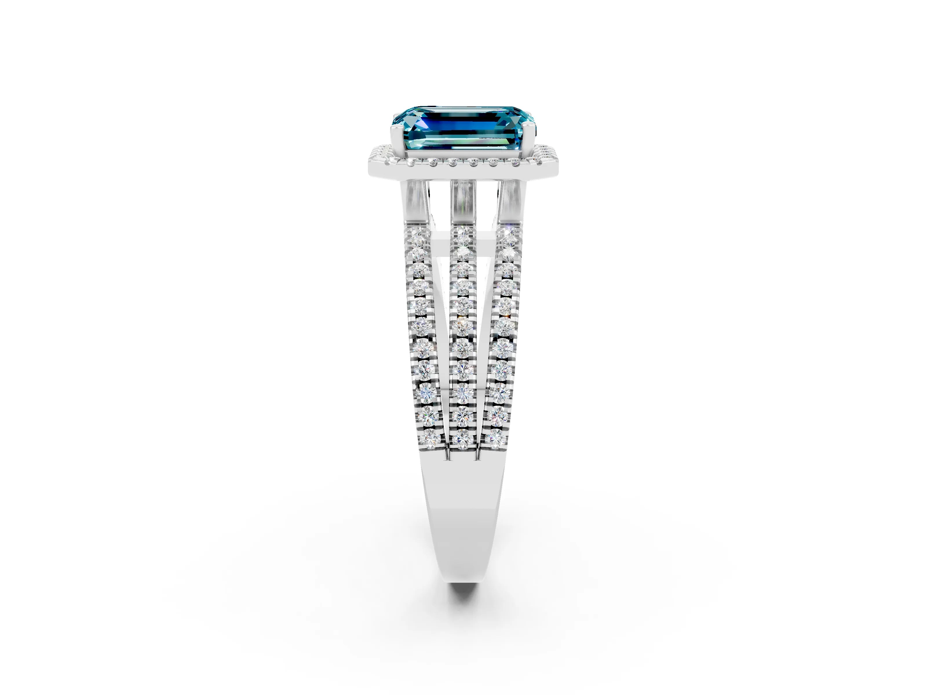 White gold {shape_name} Blue Topaz Halo Engagement Ring with Split Shank and Four-Prong Setting_14