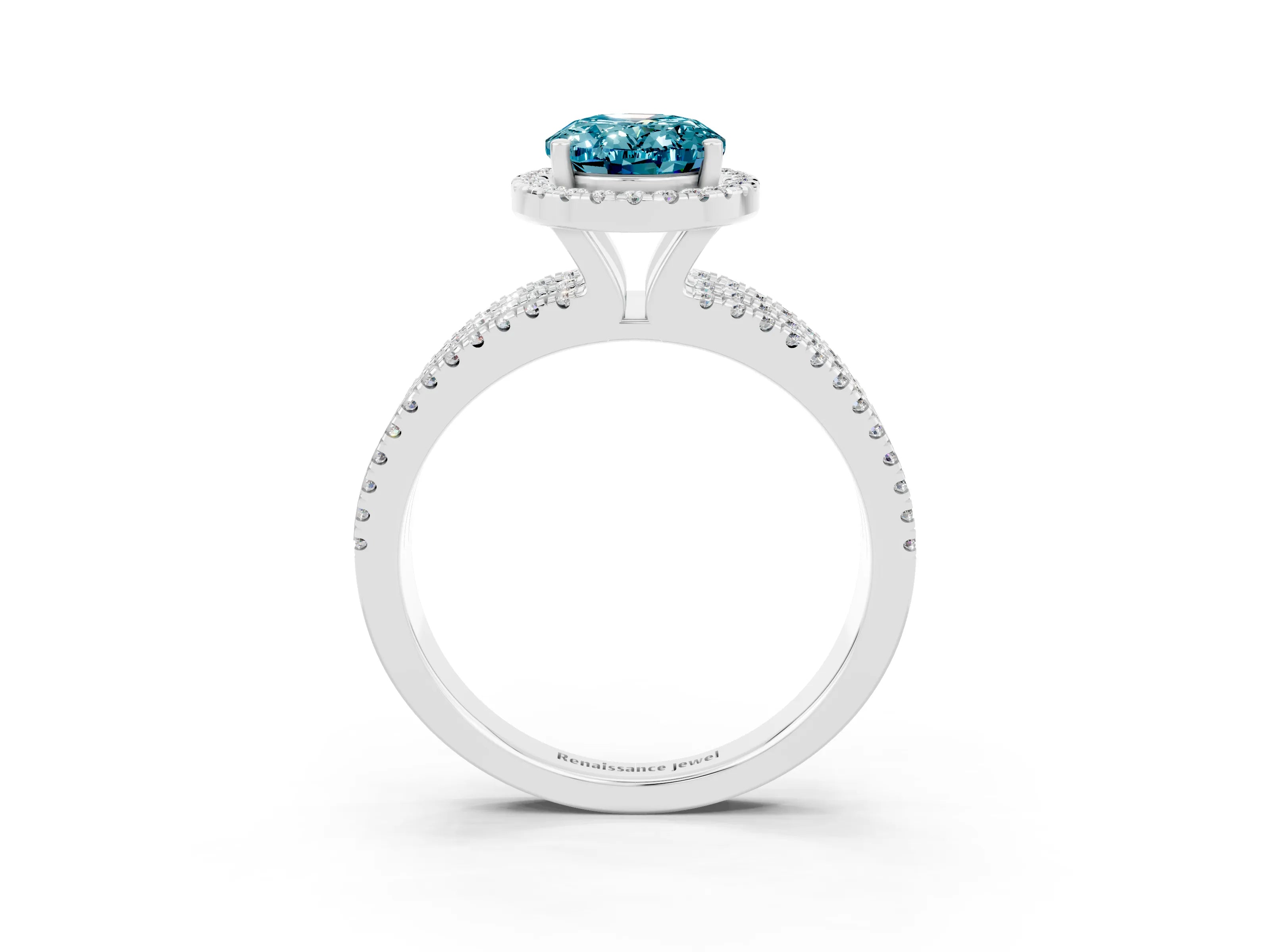 White gold {shape_name} Blue Topaz Halo Engagement Ring with Split Shank and Four-Prong Setting_15