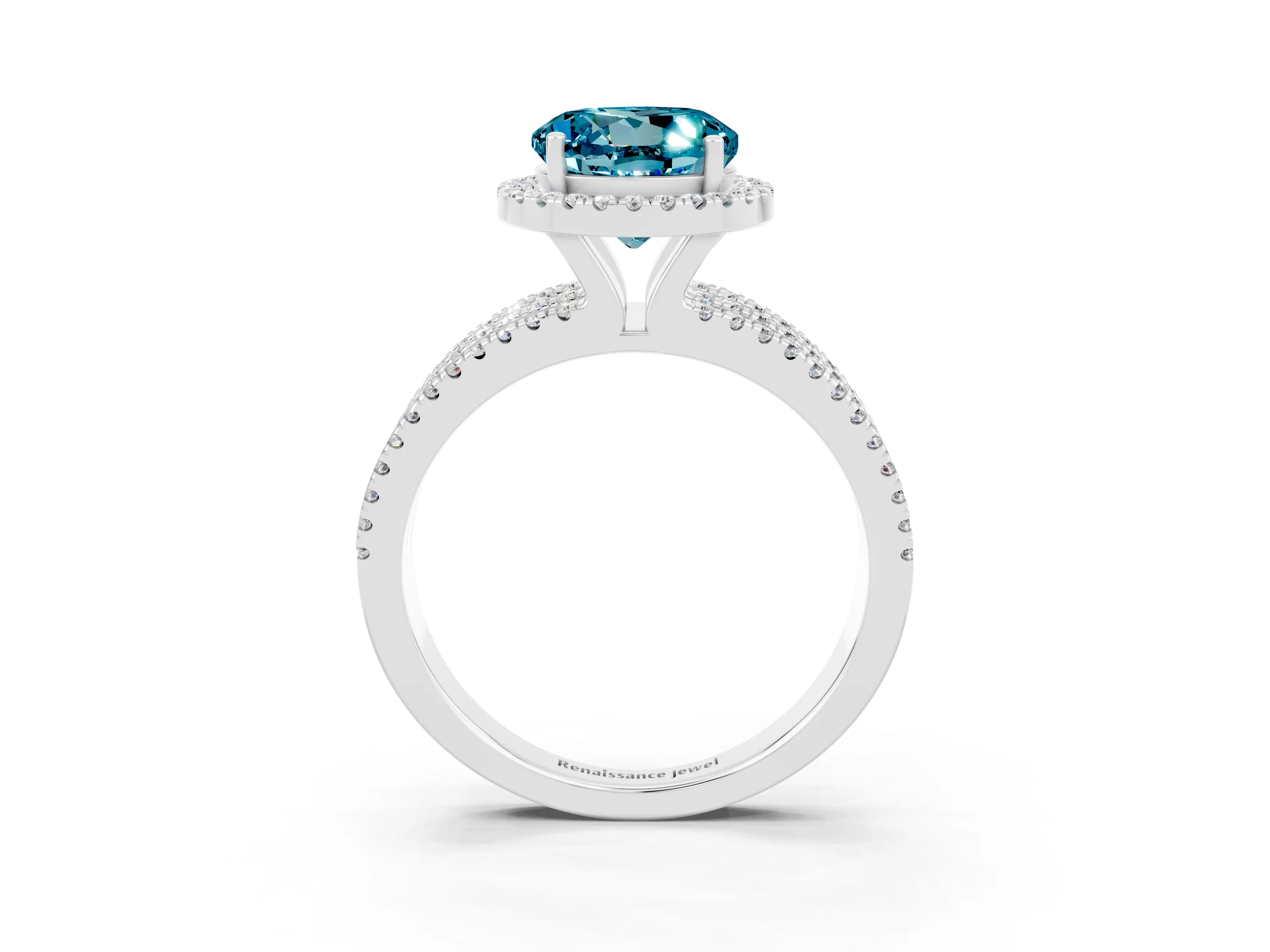 White gold {shape_name} Blue Topaz Halo Engagement Ring with Split Shank and Four-Prong Setting_15