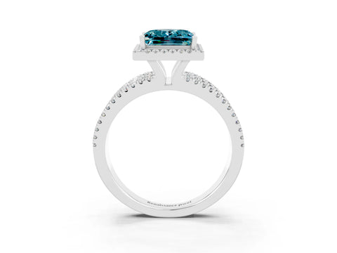 White gold {shape_name} Blue Topaz Halo Engagement Ring with Split Shank and Four-Prong Setting_15
