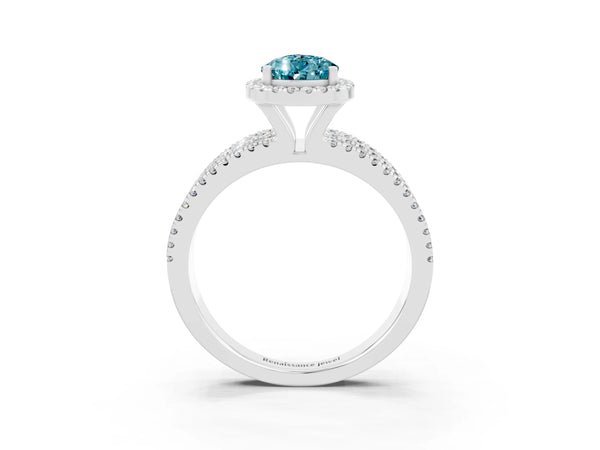 White gold Pear Cut Blue Topaz Halo Engagement Ring with Split Shank and Four-Prong Setting