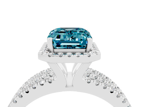 White gold {shape_name} Blue Topaz Halo Engagement Ring with Split Shank and Four-Prong Setting_16
