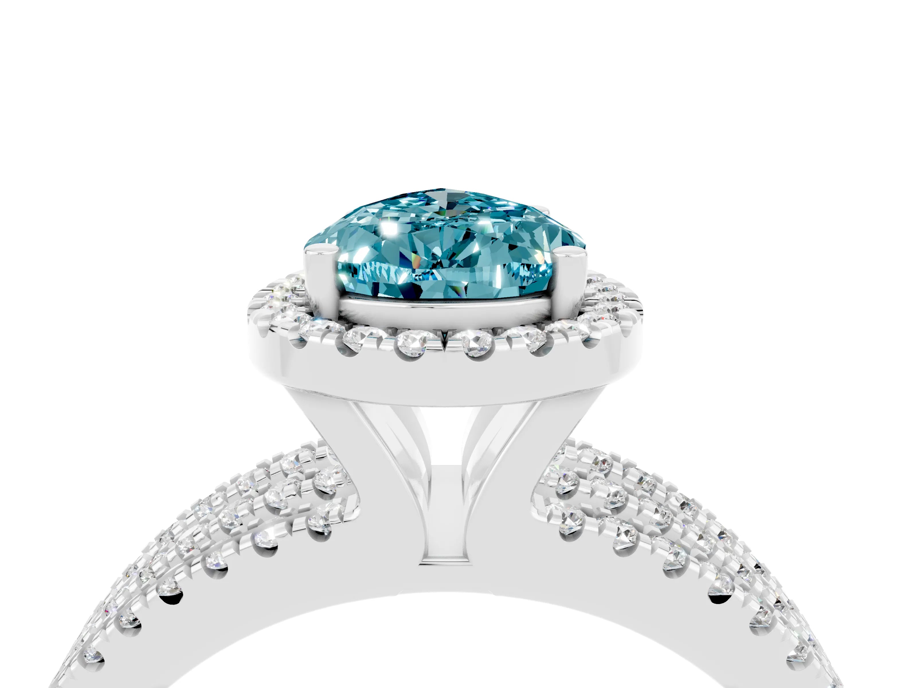 White gold {shape_name} Blue Topaz Halo Engagement Ring with Split Shank and Four-Prong Setting_16