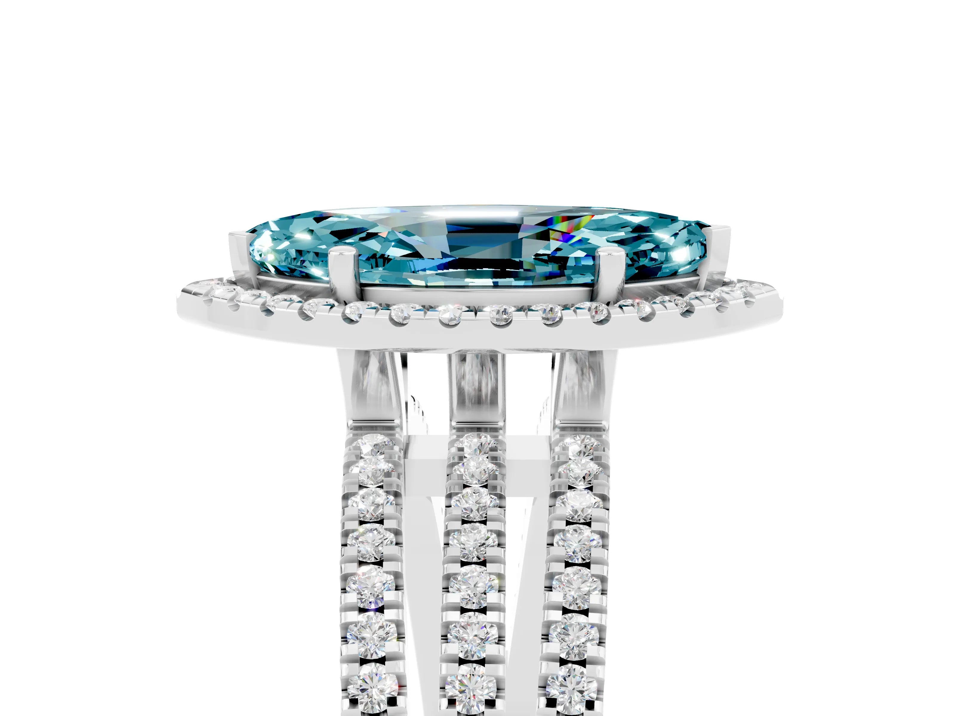 White gold {shape_name} Blue Topaz Halo Engagement Ring with Split Shank and Four-Prong Setting_17