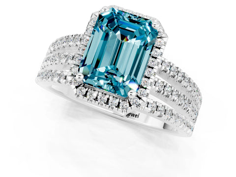 White gold {shape_name} Blue Topaz Halo Engagement Ring with Split Shank and Four-Prong Setting_1