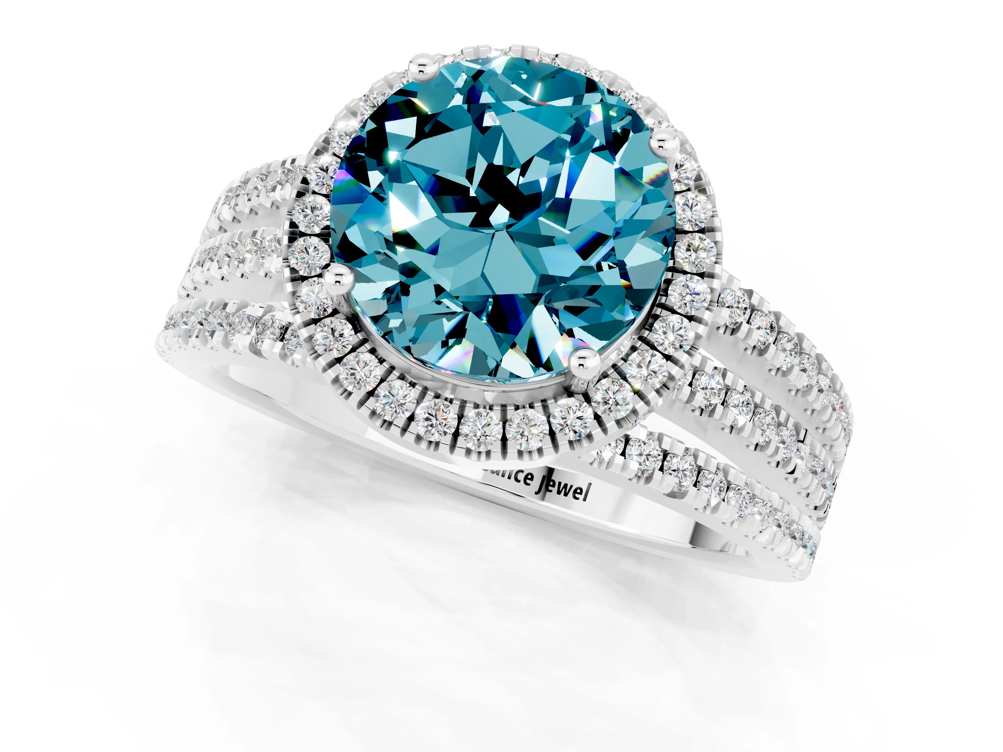 White gold {shape_name} Blue Topaz Halo Engagement Ring with Split Shank and Four-Prong Setting_1