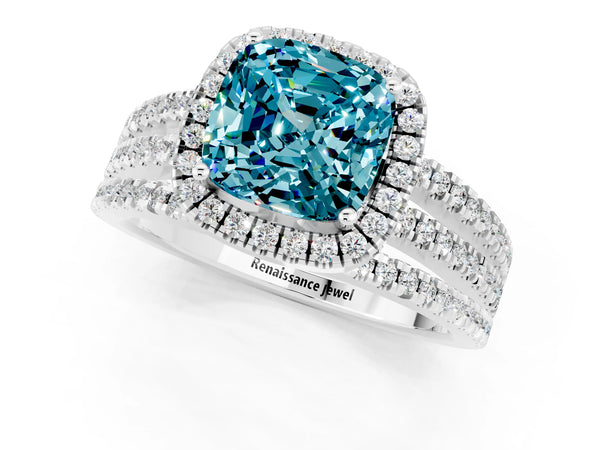 Silver Cushion Cut Blue Topaz Halo Engagement Ring with Split Shank and Four-Prong Setting