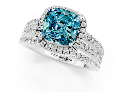 White gold {shape_name} Blue Topaz Halo Engagement Ring with Split Shank and Four-Prong Setting_1
