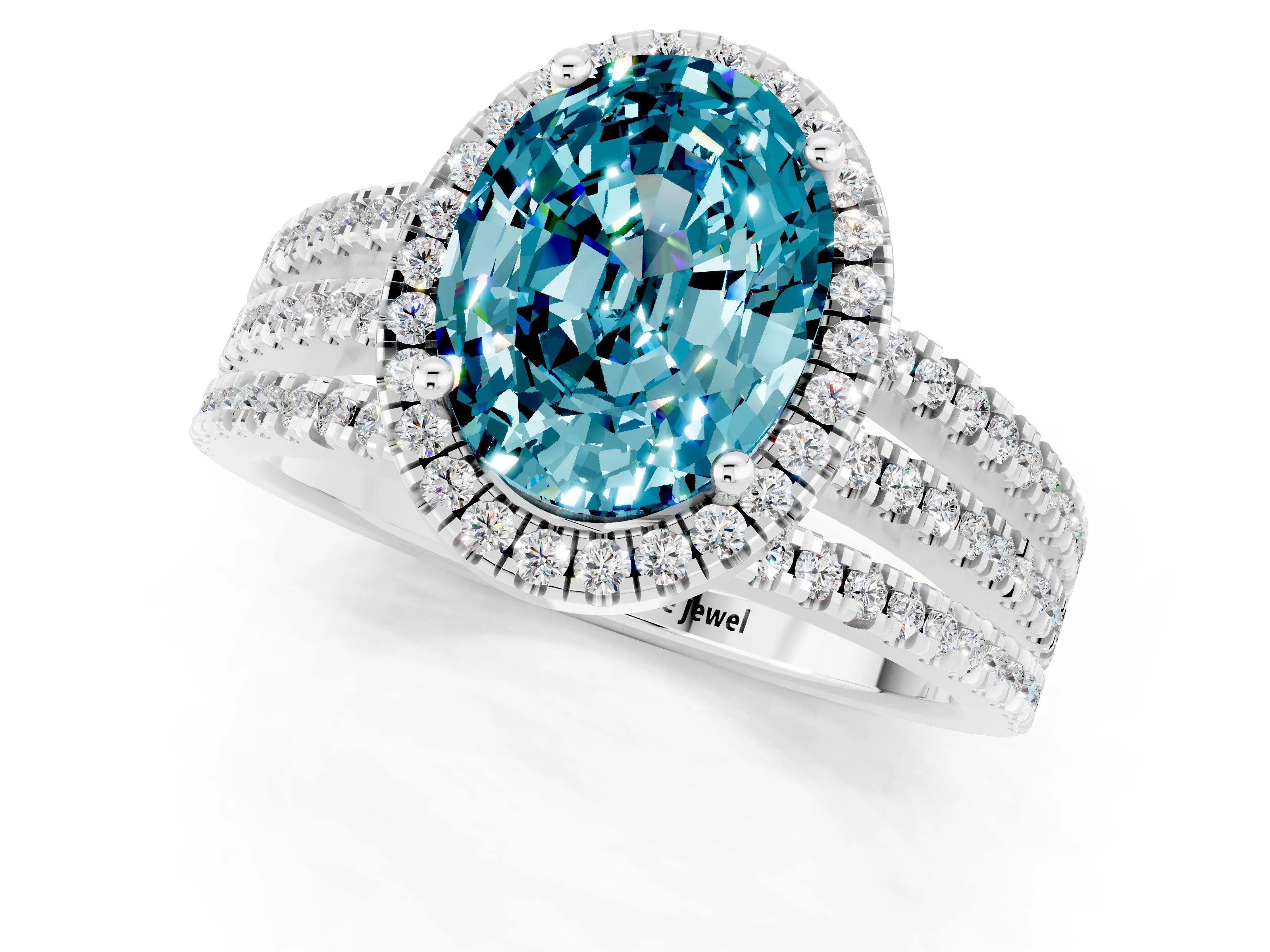 White gold {shape_name} Blue Topaz Halo Engagement Ring with Split Shank and Four-Prong Setting_1