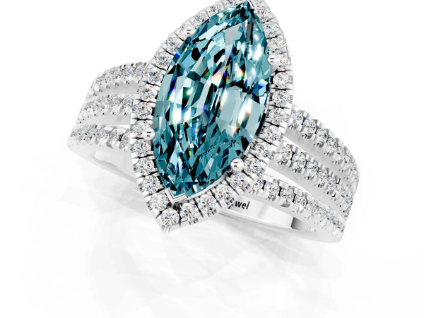 Platinum Marquise Cut Blue Topaz Halo Engagement Ring with Split Shank and Four-Prong Setting