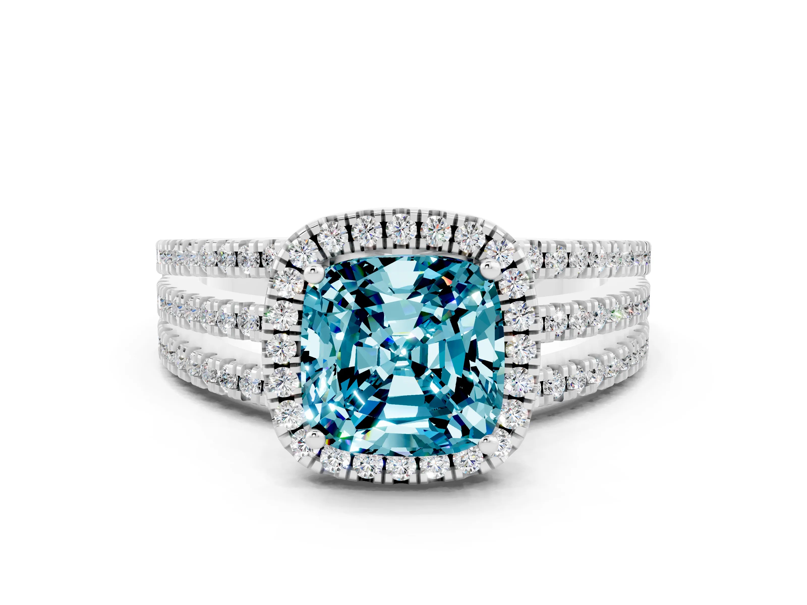 White gold {shape_name} Blue Topaz Halo Engagement Ring with Split Shank and Four-Prong Setting