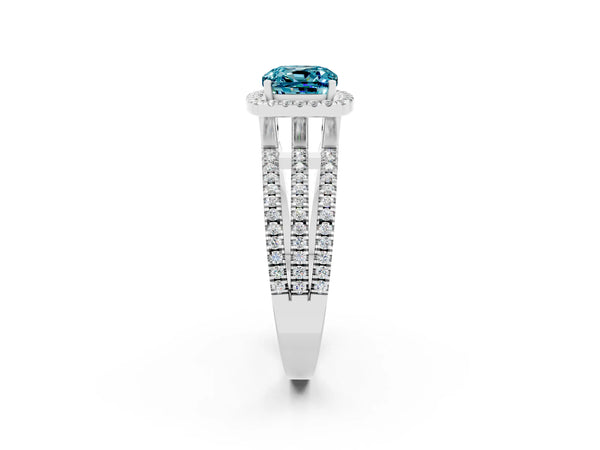 Platinum Cushion Cut Blue Topaz Halo Engagement Ring with Split Shank and Four-Prong Setting