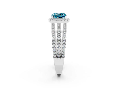 White gold {shape_name} Blue Topaz Halo Engagement Ring with Split Shank and Four-Prong Setting_2
