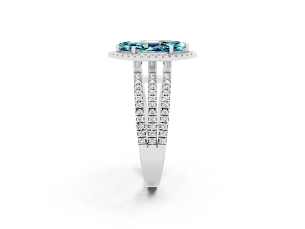 Platinum Marquise Cut Blue Topaz Halo Engagement Ring with Split Shank and Four-Prong Setting