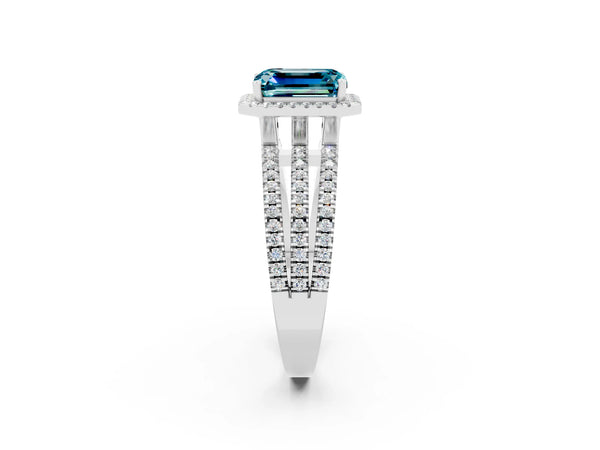 Silver Emerald Cut Blue Topaz Halo Engagement Ring with Split Shank and Four-Prong Setting