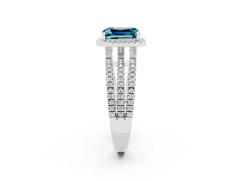 White gold {shape_name} Blue Topaz Halo Engagement Ring with Split Shank and Four-Prong Setting_2