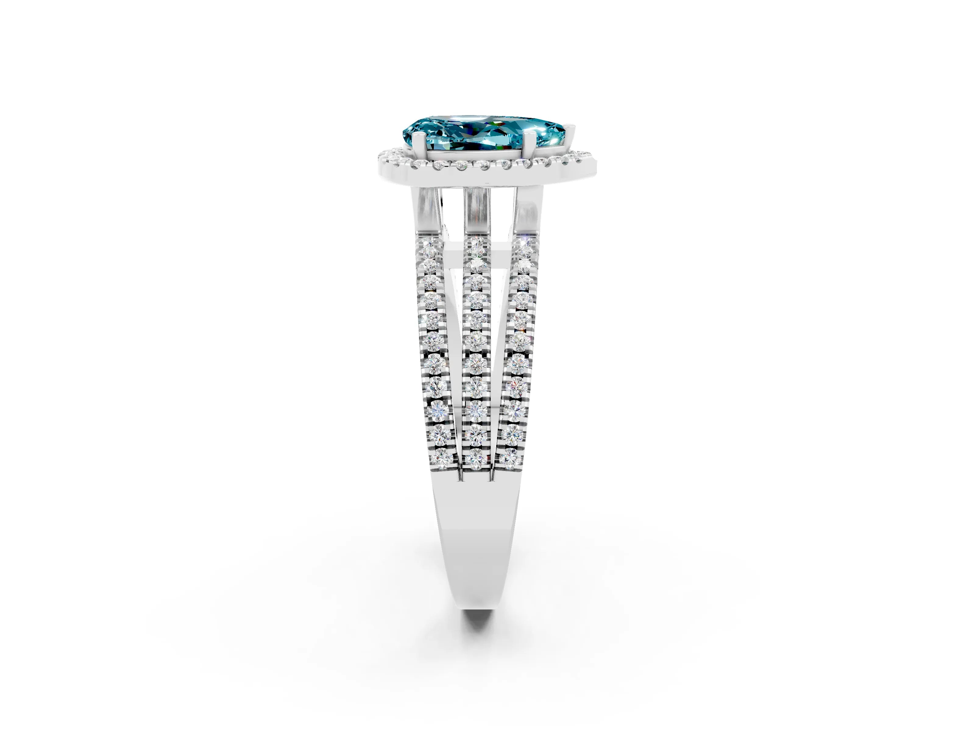 White gold {shape_name} Blue Topaz Halo Engagement Ring with Split Shank and Four-Prong Setting_2