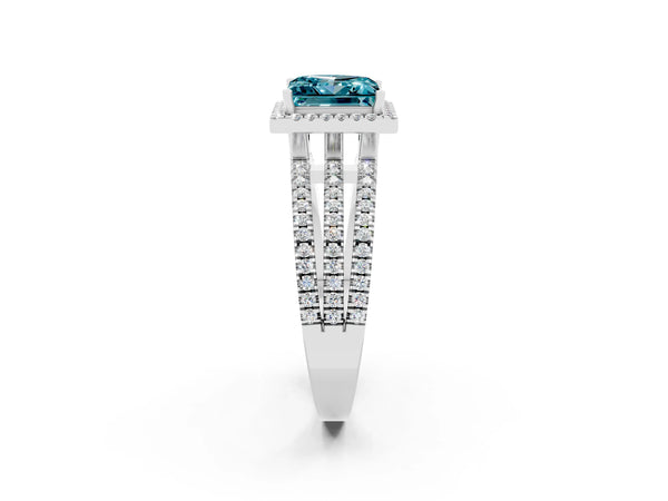 Platinum Princess Cut Blue Topaz Halo Engagement Ring with Split Shank and Four-Prong Setting