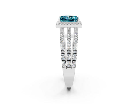 White gold {shape_name} Blue Topaz Halo Engagement Ring with Split Shank and Four-Prong Setting_2
