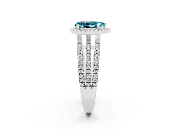 Silver Pear Cut Blue Topaz Halo Engagement Ring with Split Shank and Four-Prong Setting