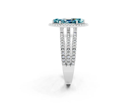 White gold {shape_name} Blue Topaz Halo Engagement Ring with Split Shank and Four-Prong Setting_2