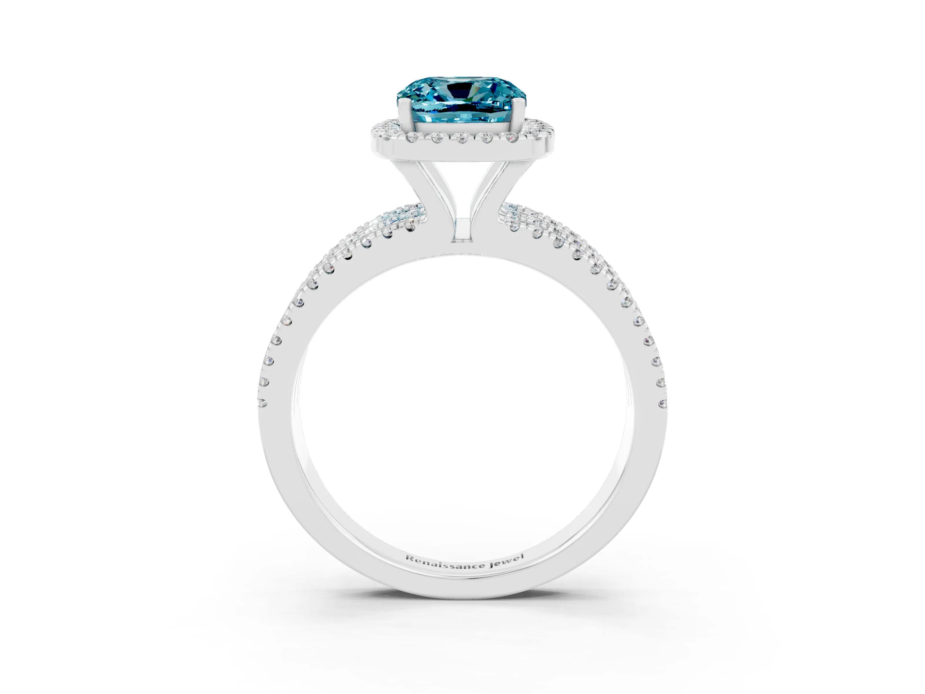White gold {shape_name} Blue Topaz Halo Engagement Ring with Split Shank and Four-Prong Setting_3