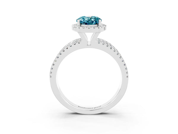 Platinum Oval Cut Blue Topaz Halo Engagement Ring with Split Shank and Four-Prong Setting