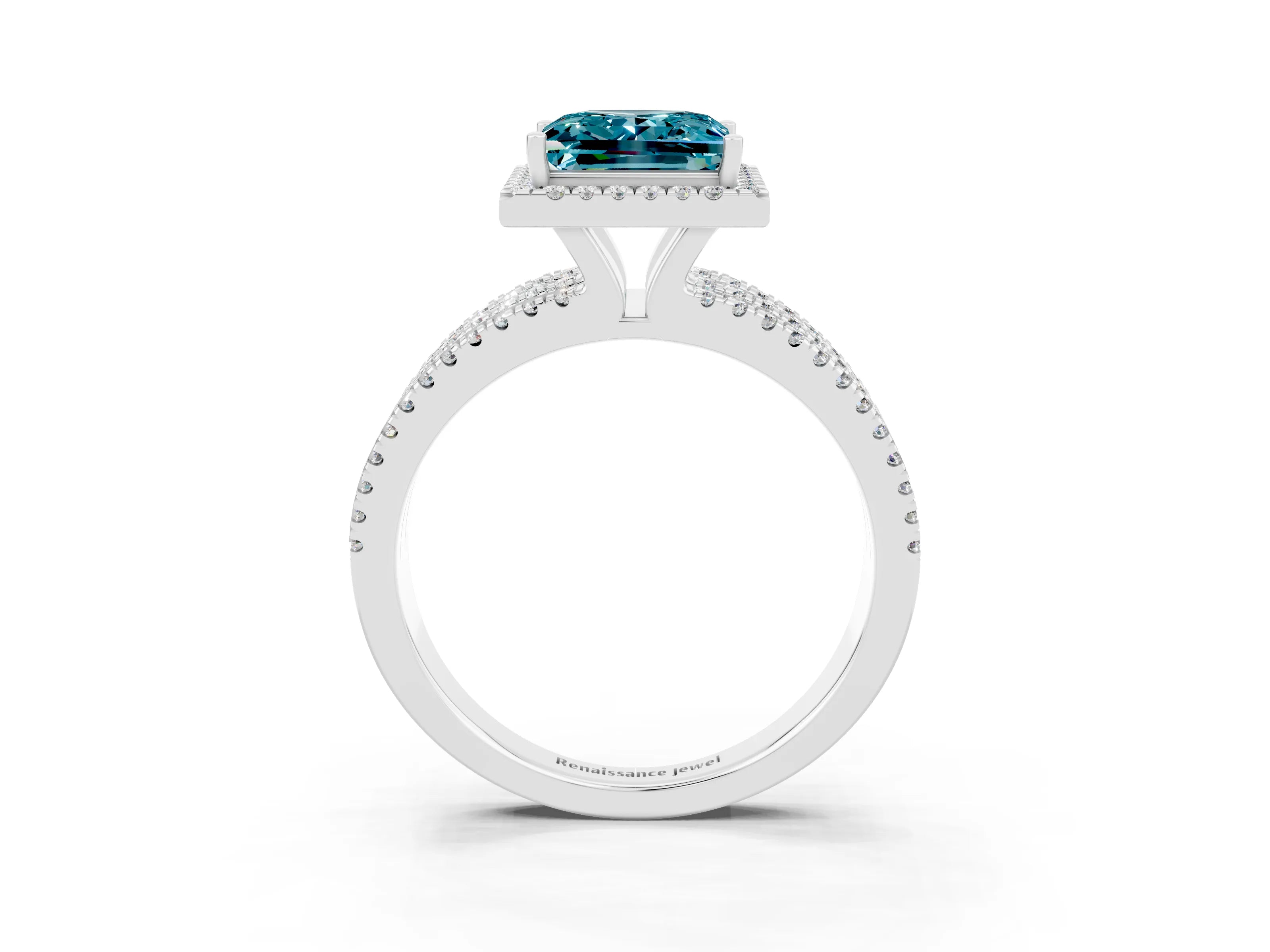 White gold {shape_name} Blue Topaz Halo Engagement Ring with Split Shank and Four-Prong Setting_3