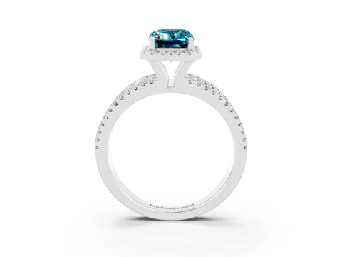 White gold {shape_name} Blue Topaz Halo Engagement Ring with Split Shank and Four-Prong Setting_3