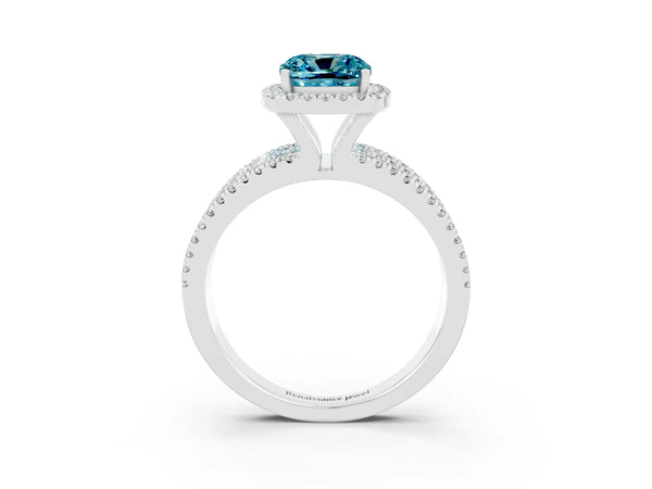 Platinum Cushion Cut Blue Topaz Halo Engagement Ring with Split Shank and Four-Prong Setting